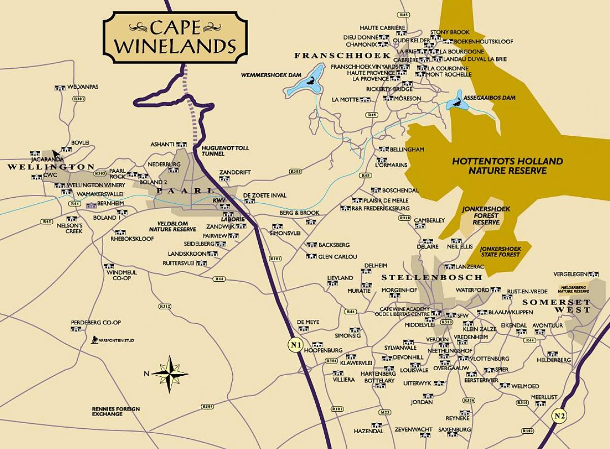 mapa winelands Kapské Mesto