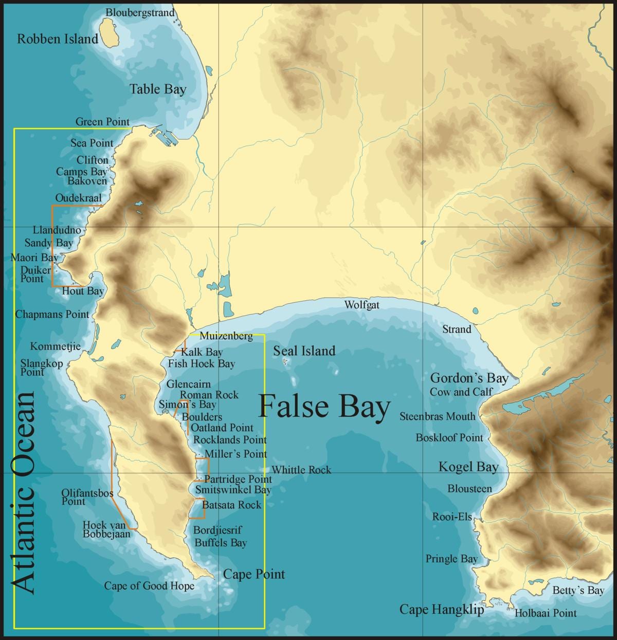 mapa false bay Kapské Mesto