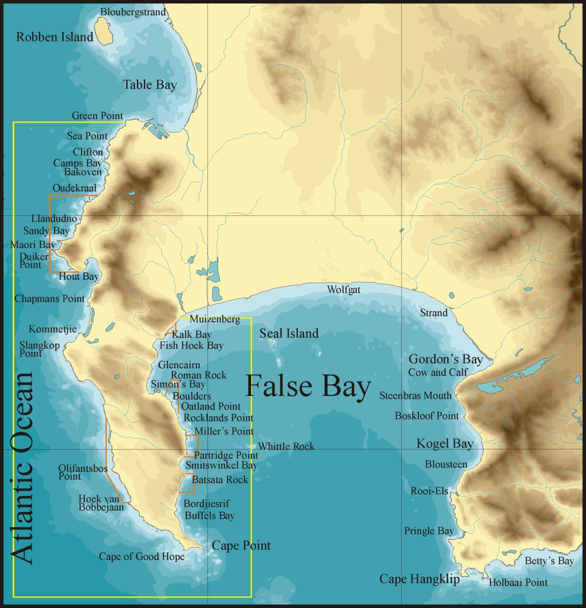 mapa false bay Kapské Mesto