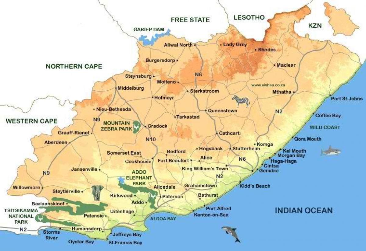 mapa východnej Cape Miest