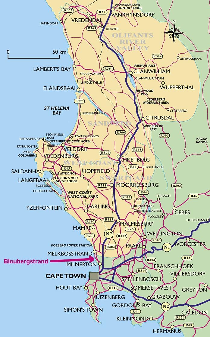 mapa západné pobrežie Cape Town