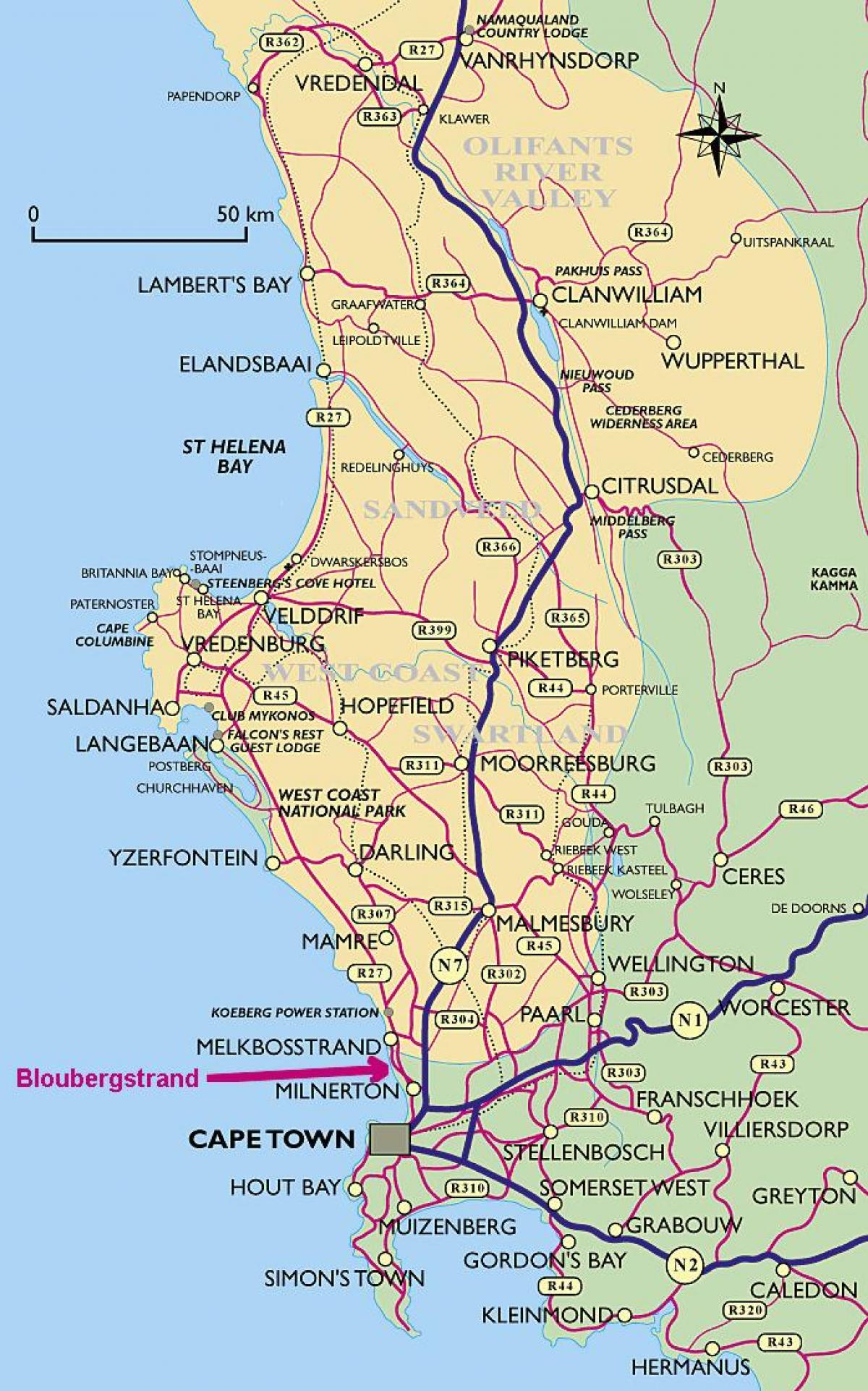 mapa západné pobrežie Cape Town