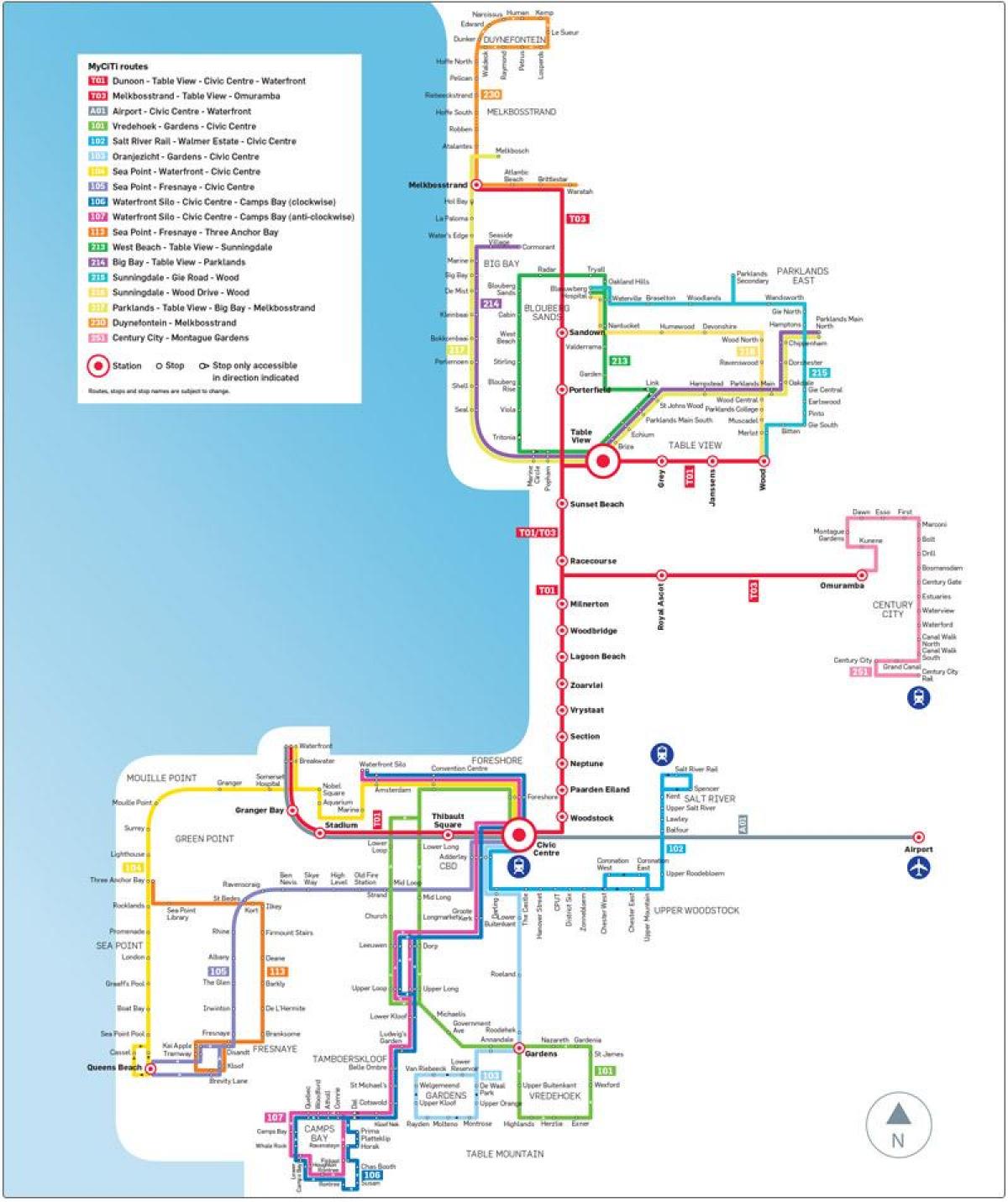 Kapské Mesto myciti autobusová zastávka, mapu