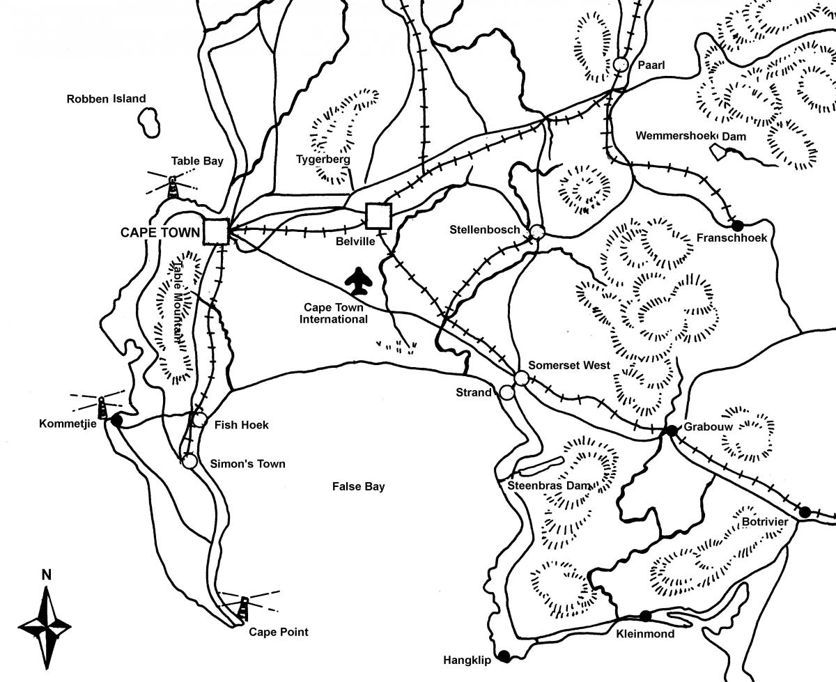 mapa, náčrt mapy Kapského Mesta
