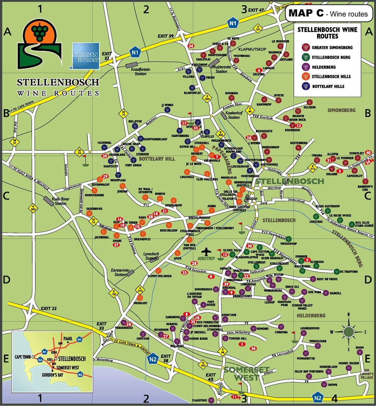 mapa vínnej ceste ciest mapu Kapského Mesta