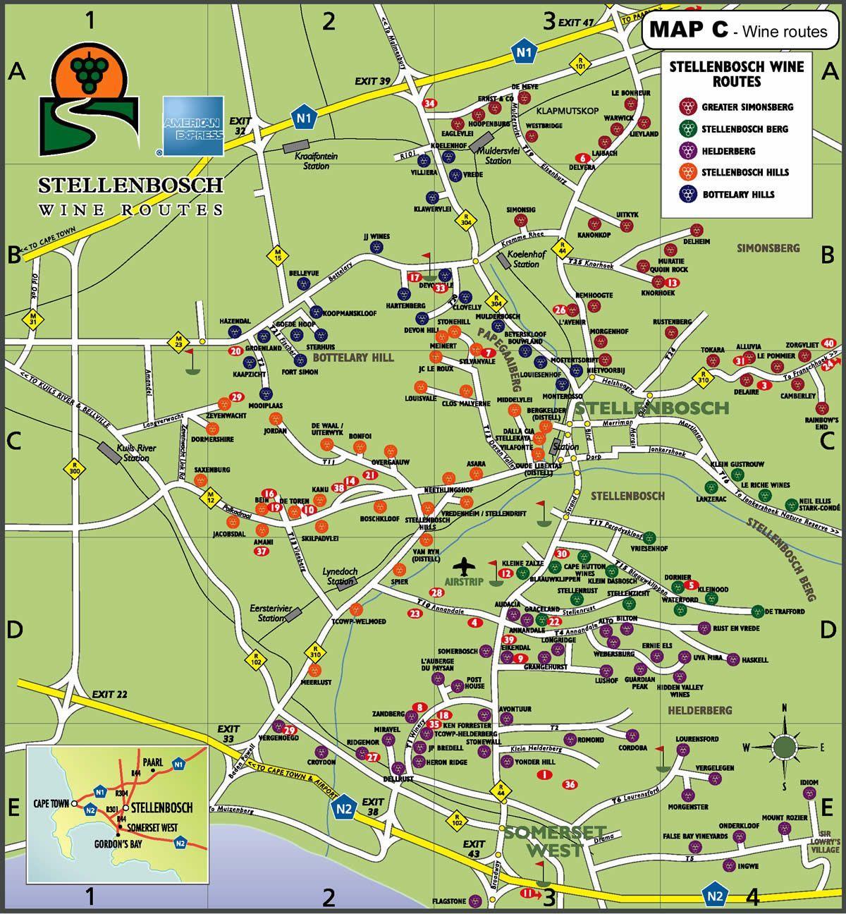 mapa vínnej ceste ciest mapu Kapského Mesta